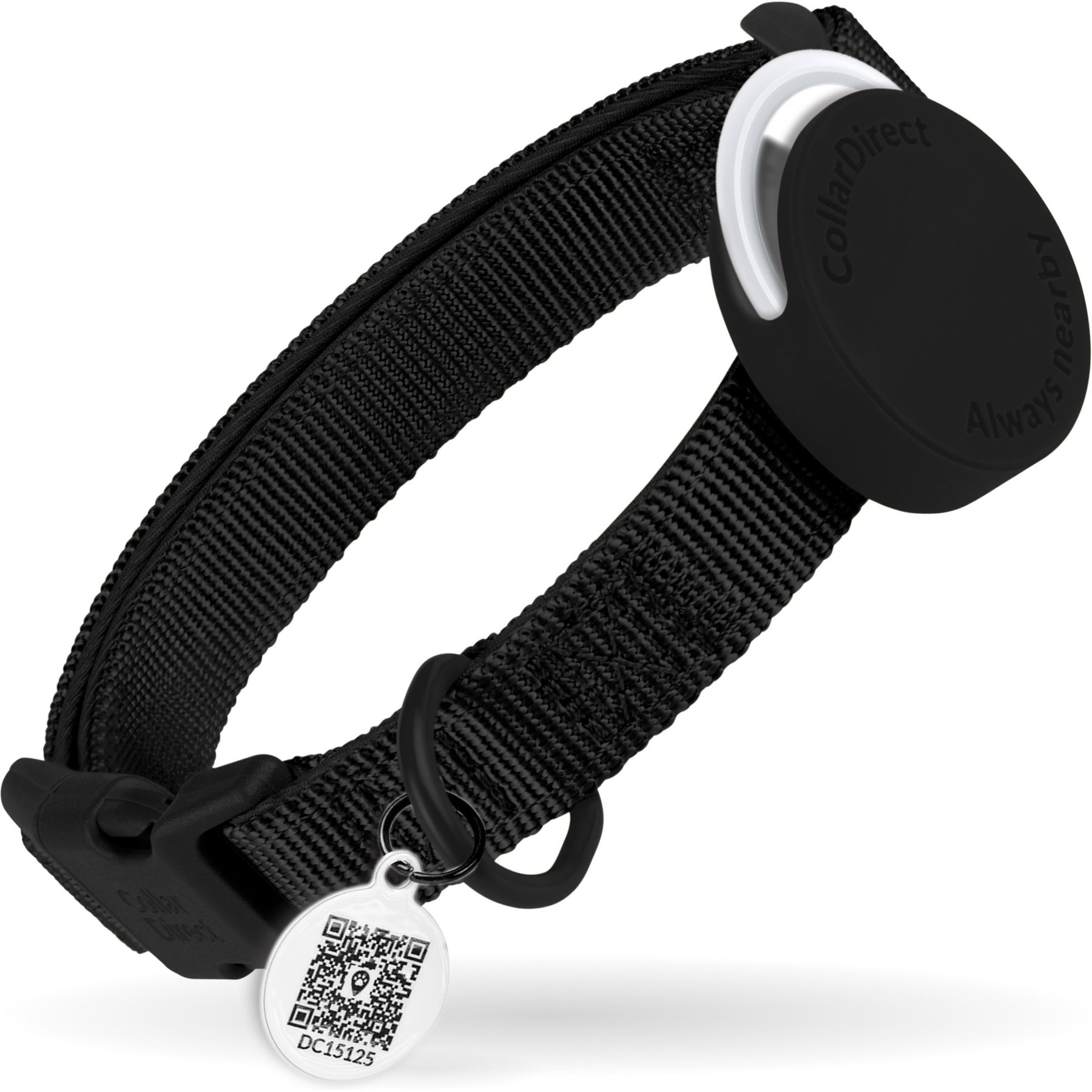 CollarDirect AirTag Holder QR Tag Nylon Standard Dog Collar, Black, Medium: 12 to 16-in neck, 1-in wide