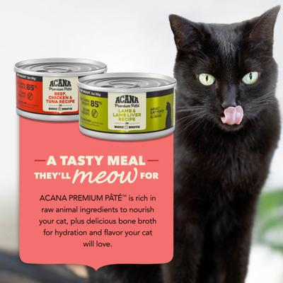 Show full view: ACANA Premium Beef Chicken & Tuna + Lamb Variety Pack Pate in Bone Broth Wet Cat Food, 3-oz can, case of 12 slide 9 of 11