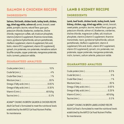 Show full view: ACANA Salmon & Chicken + Lamb & Kidney Variety Pack Chunks in Broth Wet Cat Food, 3-oz can, case of 12 slide 5 of 11