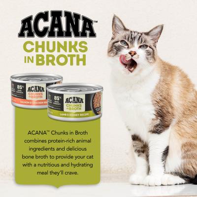 Show full view: ACANA Salmon & Chicken + Lamb & Kidney Variety Pack Chunks in Broth Wet Cat Food, 3-oz can, case of 12 slide 9 of 11