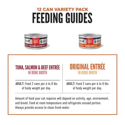 Show full view: ORIJEN Premium Original Entrees Variety Pack Tuna Salmon & Beef Pate Wet Cat Food, 3-oz can, case of 12 slide 6 of 10