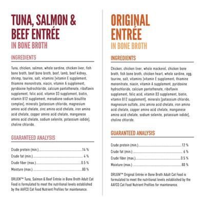 Show full view: ORIJEN Premium Original Entrees Variety Pack Tuna Salmon & Beef Pate Wet Cat Food, 3-oz can, case of 12 slide 5 of 10