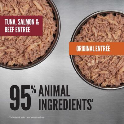 Show full view: ORIJEN Premium Original Entrees Variety Pack Tuna Salmon & Beef Pate Wet Cat Food, 3-oz can, case of 12 slide 4 of 10