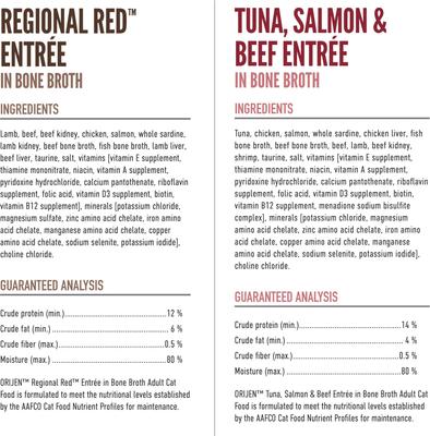 Show full view: ORIJEN Six Fish Grain-Free Freeze-Dried Treats, 1.25-oz bag + Premium Regional Red Entrees Variety Pack Tuna Salmon & Beef Pate Wet Cat Food, 3-oz can, case of 12 slide 9 of 9