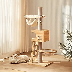 KZLAA 62-in Solid Wood Cat Tree with Toys, Sandal Wood