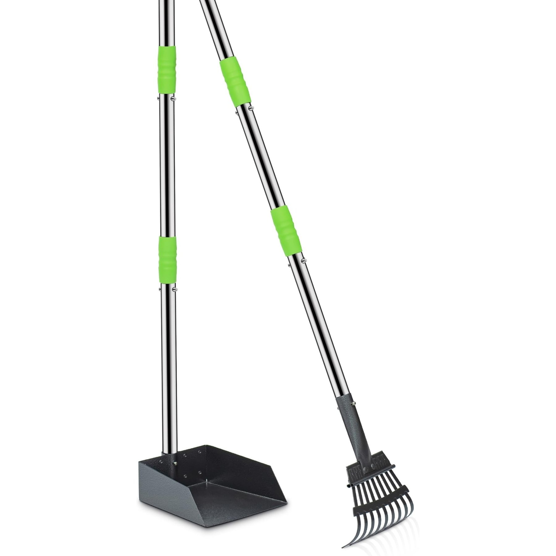 Niubya Dog Stainless Steel Rake Pooper Scooper Set, Silver & Green