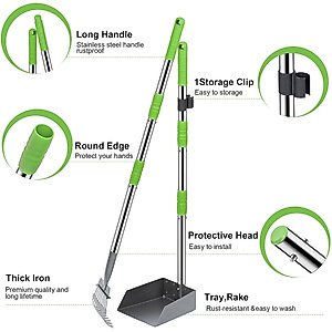 Niubya Dog Stainless Steel Rake Pooper Scooper Set, Silver & Green