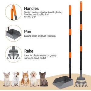 Niubya Dog Stainless Steel Rake Pooper Scooper Set, Black & Orange