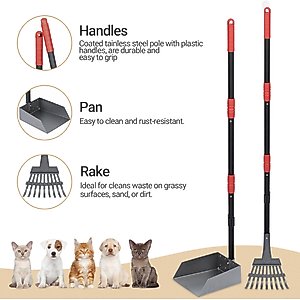 Niubya Dog Stainless Steel Rake Pooper Scooper Set, Black & Red