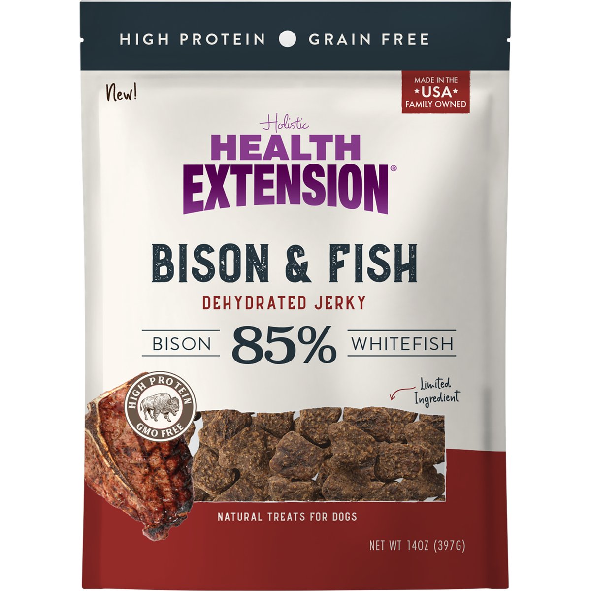 Health Extension Bison & Fish Jerky Grain-Free Dog Treats, 14-oz bag