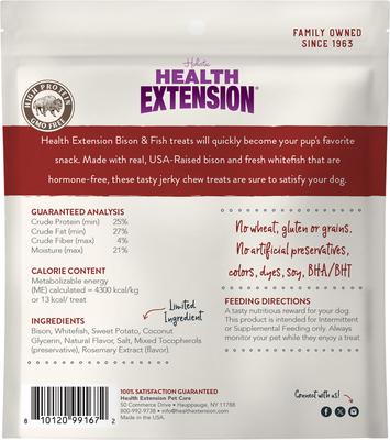 Show full view: Health Extension Bison & Fish Jerky Grain-Free Dog Treats, 4-oz bag slide 3 of 9