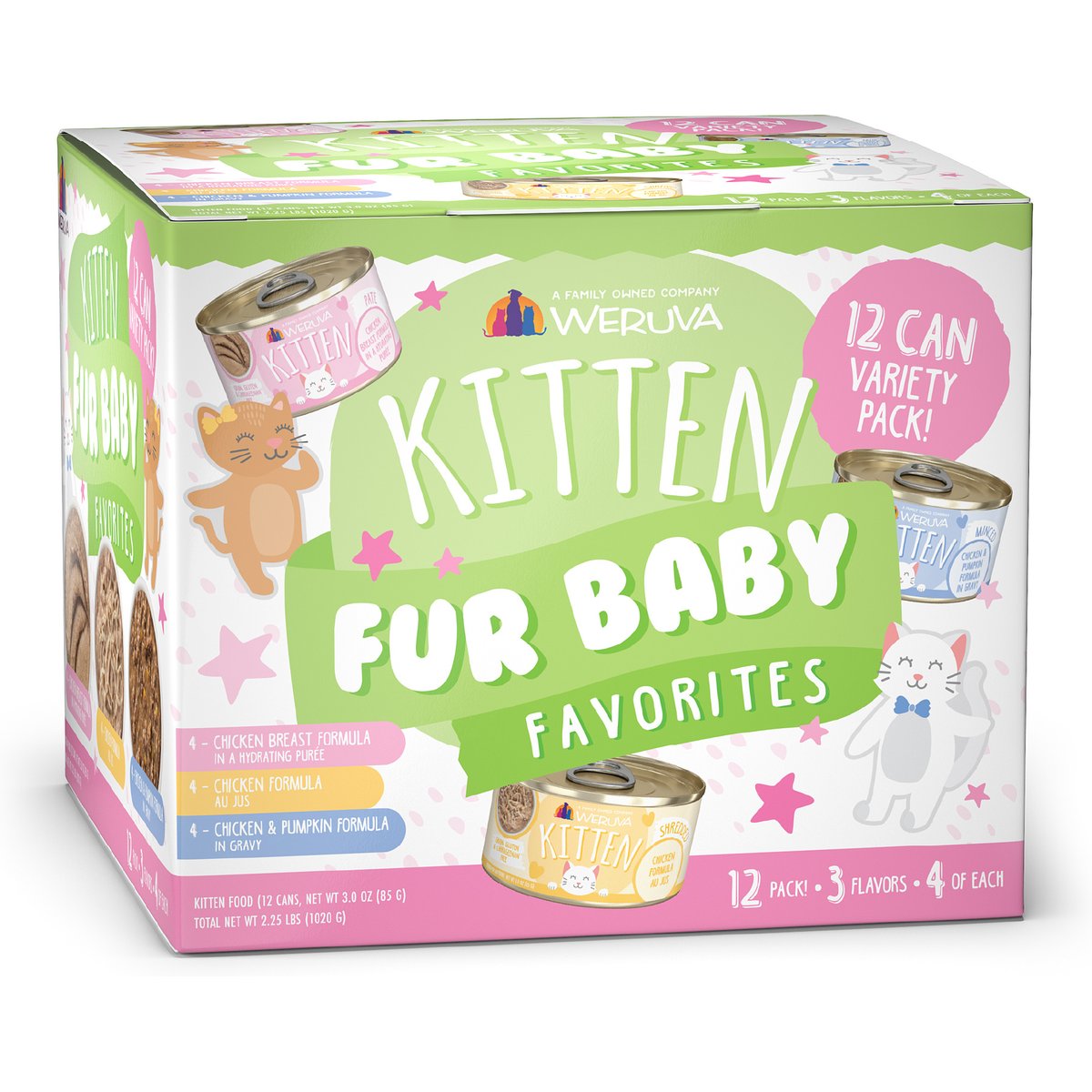 Weruva Kitten Fur Baby Favorites Chicken Flavored Shredded Wet Cat Food Variety Pack, 3-oz can, case of 12