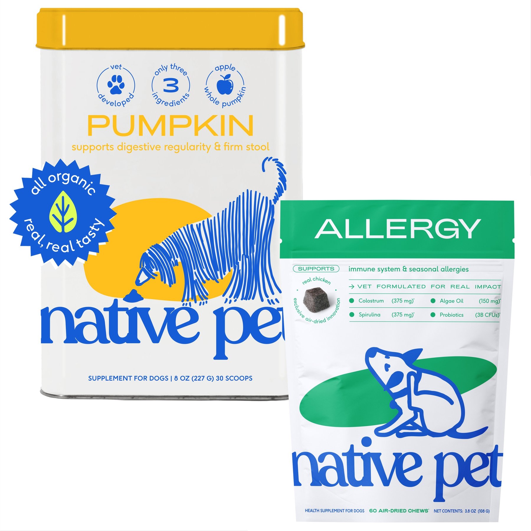 Native Pet Organic Pumpkin Fiber & Diarrhea Relief, 8-oz + Allergy Itch Relief Dog Supplement, 60 count