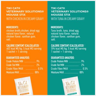 Show full view: Tiki Cat Veterinary Solutions Mousse Stix Chicken & Tuna Pate Variety Pack Lickable Cat Treats, 0.28-oz pouch, case of 70 slide 7 of 12