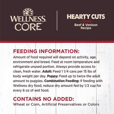 Show full view: Wellness CORE Grain-Free Hearty Cuts in Gravy Beef & Venison Recipe Canned Dog Food, 12.5-oz, case of 12 slide 6 of 10