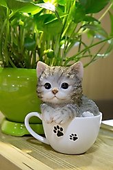 Hi-Line Gift Teacup Kitten Statue, 5.75-in, Gray & White