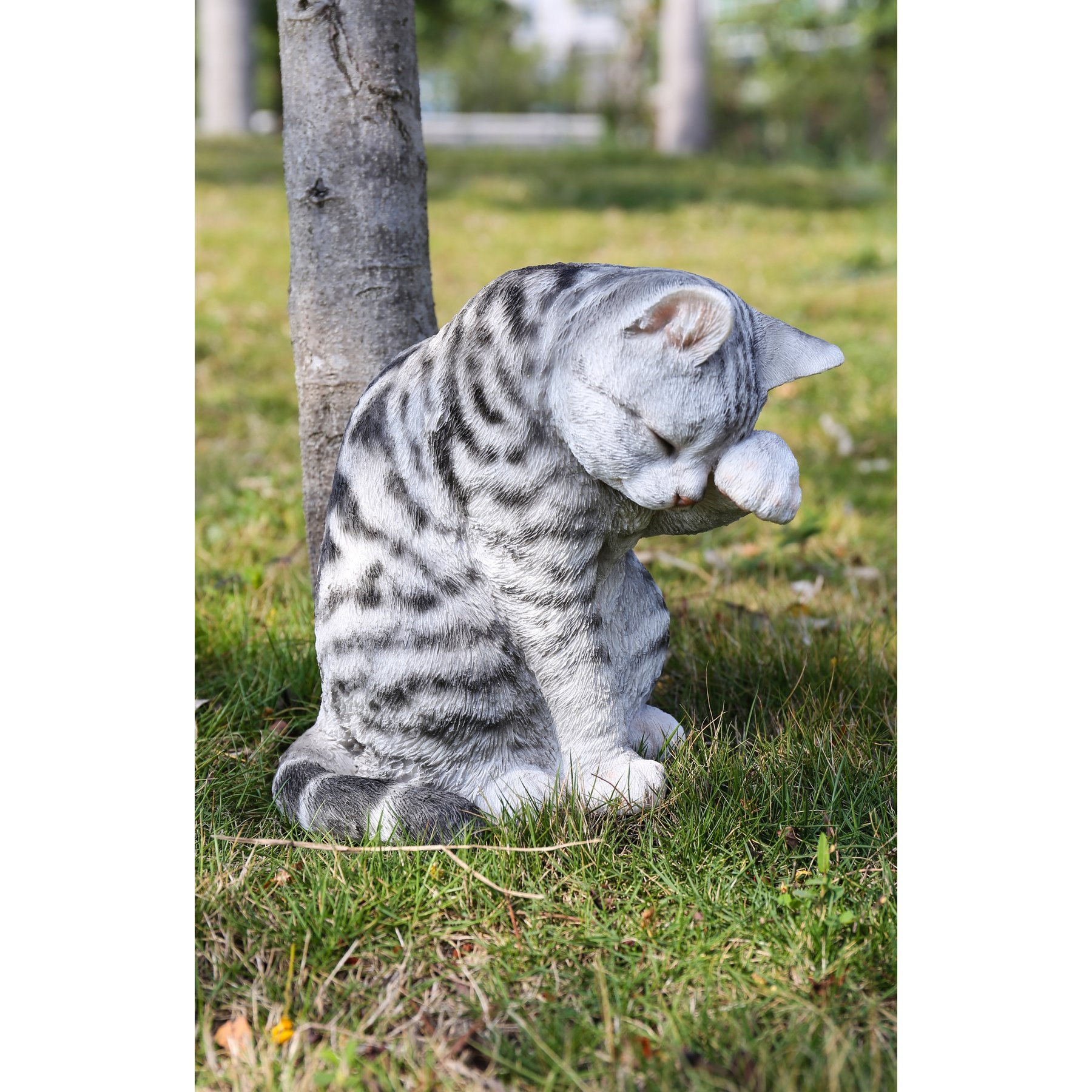 Hi-Line Gift American Shorthair Tabby Washing Cat Statue, 10.25-in, Gray