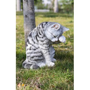 Hi-Line Gift American Shorthair Tabby Washing Cat Statue, 10.25-in, Gray