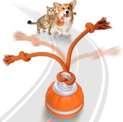 PawsPik Rope Runner Interactive Squeaky Rechargeable Small Dog Ball & Rope Toy, Orange, Small