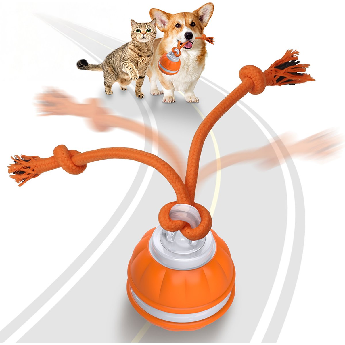 PawsPik Rope Runner Interactive Squeaky Rechargeable Small Dog Ball & Rope Toy, Orange, Small