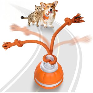 PawsPik Rope Runner Interactive Squeaky Rechargeable Small Dog Ball & Rope Toy, Orange, Small