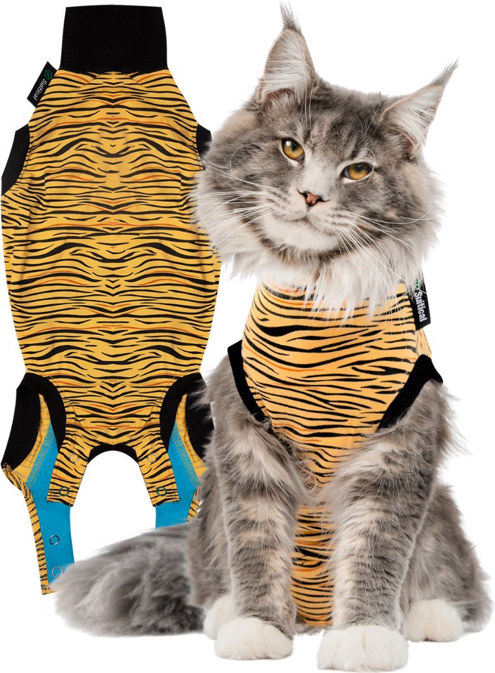 Suitical Recovery Suit Cat Apparel, Tiger Print, Small slide 1 of 9