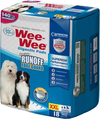 Show full view: Wee-Wee Pads Superior Performance with Runoff Edge Guard Dog Pee Pads, Gigantic, 27.5 x 44-in, 18 count slide 8 of 12