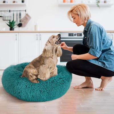 Show full view: Precious Tails Super Lux Fur Bolster Cat & Dog Bed, Teal, Large slide 5 of 9