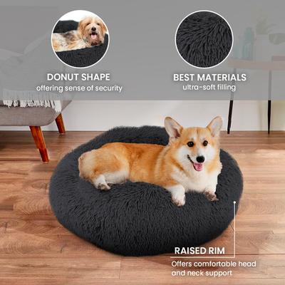Show full view: Precious Tails Super Lux Fur Bolster Cat & Dog Bed, Charcoal, Medium slide 4 of 9