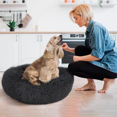 Show full view: Precious Tails Super Lux Fur Bolster Cat & Dog Bed, Charcoal, Medium slide 5 of 9