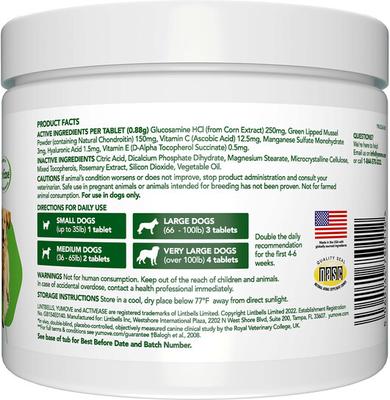 Show full view: Vetnique Labs YuMOVE Hip & Joint Support Glucosamine Hyaluronic Acid Green Lipped Mussel & Omega 3 Tablet Supplement for Adult Dog, 300 count slide 3 of 11