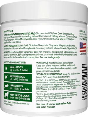 Show full view: Vetnique Labs YuMOVE Hip & Joint Support Glucosamine Hyaluronic Acid Green Lipped Mussel & Omega 3 Tablet Supplement for Adult Dog, 120 count slide 3 of 11
