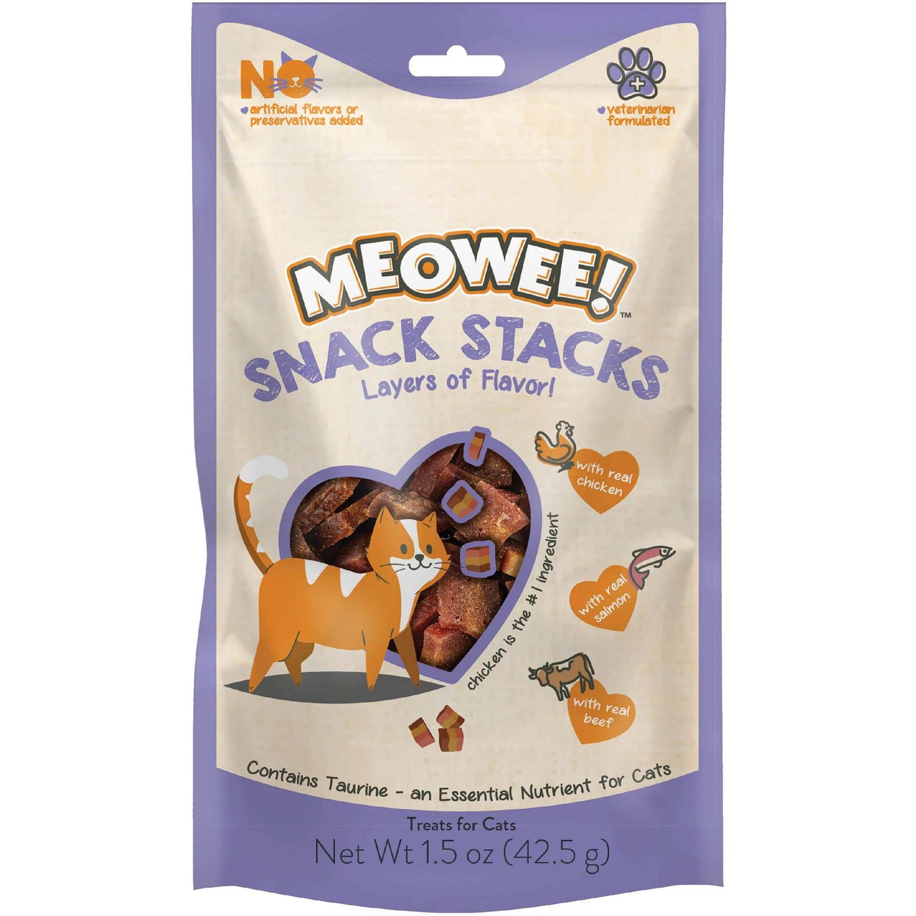 Meowee! Snack Stacks Triple Protein with Real Chicken, Salmon & Beef Cat Treats, 1.5-oz bag