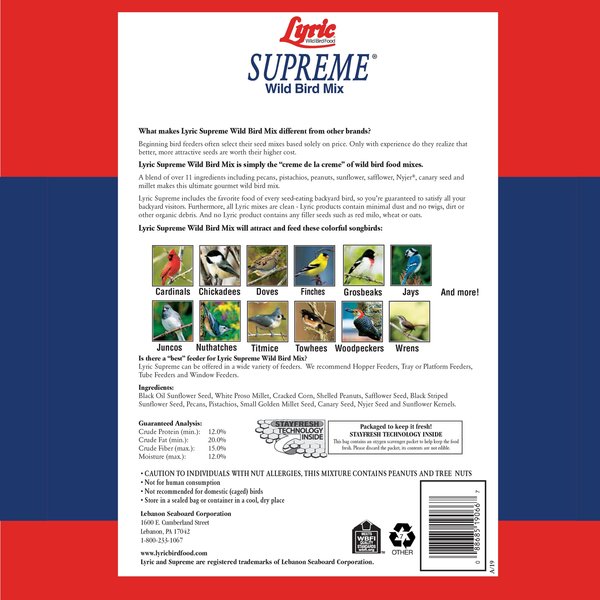 Show full view: Lyric Supreme Wild Bird Food, 40-lb bag slide 2 of 11