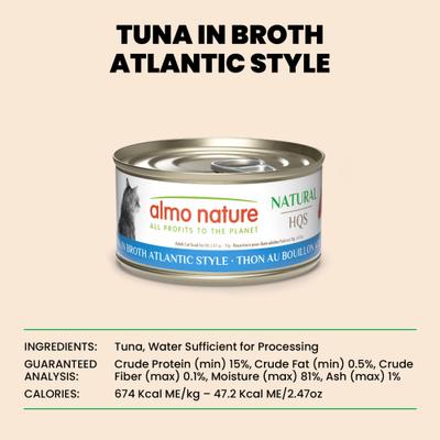 Show full view: Almo Nature HQS Natural Tuna Atlantic Style in Broth Grain-Free Canned Cat Food, 2.47-oz, case of 24 slide 7 of 11