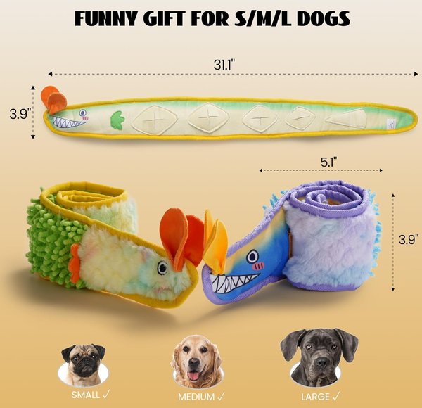 Nocciola Ribbon Eel Snuffle Squeaky Stuffing-Free Plush Dog Toy, Yellow/Green