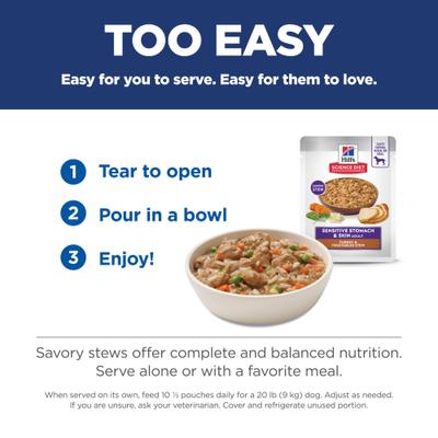 Show full view: Hill's Science Diet Adult Sensitive Stomach & Sensitive Skin Turkey & Vegetables Stew Wet Dog Food, 2.8-oz pouch, case of 24 slide 7 of 12