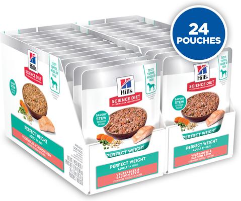 Show full view: Hill's Science Diet Adult Perfect Weight Management Vegetables & Salmon Stew Wet Dog Food, 2.8-oz pouch, case of 24 slide 3 of 12