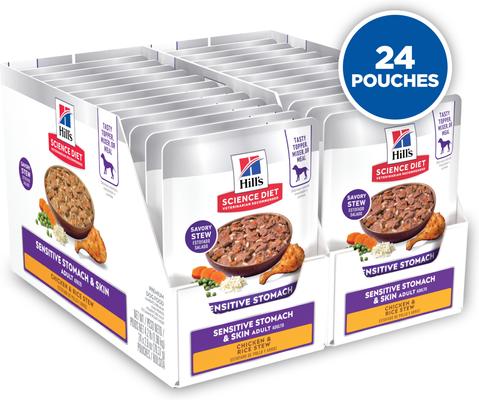 Show full view: Hill's Science Diet Adult Sensitive Stomach & Sensitive Skin Chicken & Rice Stew Wet Dog Food, 2.8-oz pouch, case of 24 slide 3 of 12
