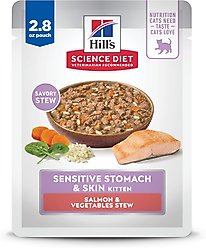 Hill's Science Diet Kitten Sensitive Stomach & Sensitive Skin Salmon & Vegetables Stew Wet Cat Food, 2.8-oz pouch, case of 24