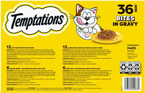 Show full view: Temptations Chicken, Seafood, Backyard Cookout & Catnip Variety Pack Bites in Gravy Adult Wet Cat Food, 3.5-oz tray, case of 36 slide 3 of 11