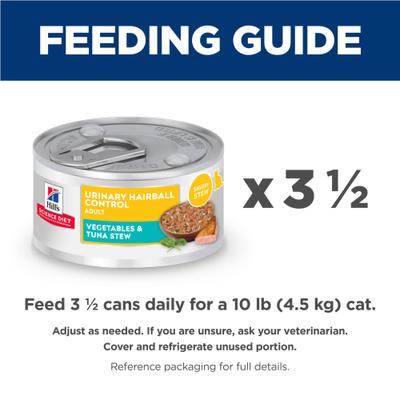 Show full view: Hill's Science Diet Adult Urinary Hairball Control Vegetable & Tuna Stew Wet Cat Food, 2.9-oz can, case of 24 slide 7 of 11