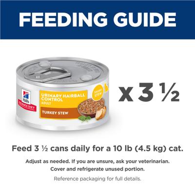 Show full view: Hill's Science Diet Adult Urinary Hairball Control Turkey & Vegetable Stew Wet Cat Food, 2.9-oz can, case of 24 slide 7 of 11