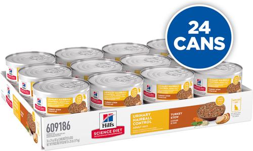 Show full view: Hill's Science Diet Adult Urinary Hairball Control Turkey & Vegetable Stew Wet Cat Food, 2.9-oz can, case of 24 slide 3 of 11