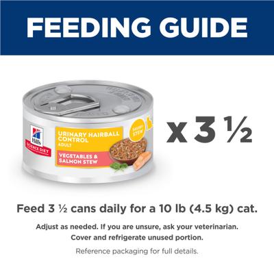 Show full view: Hill's Science Diet Adult Urinary Hairball Control Vegetable & Salmon Stew Wet Cat Food, 2.9-oz can, case of 24 slide 7 of 11