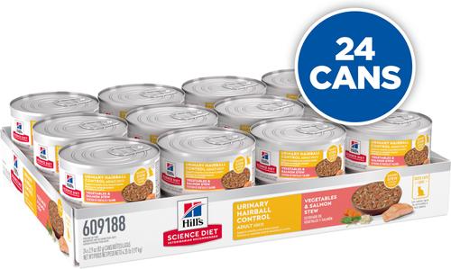 Show full view: Hill's Science Diet Adult Urinary Hairball Control Vegetable & Salmon Stew Wet Cat Food, 2.9-oz can, case of 24 slide 3 of 11