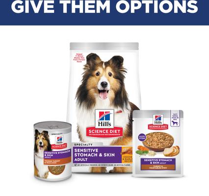 Show full view: Hill's Science Diet Adult Sensitive Stomach & Sensitive Skin Turkey & Vegetables Stew Wet Dog Food, 2.8-oz pouch, case of 24 slide 10 of 12
