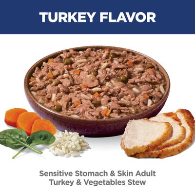 Show full view: Hill's Science Diet Adult Sensitive Stomach & Sensitive Skin Turkey & Vegetables Stew Wet Dog Food, 2.8-oz pouch, case of 24 slide 5 of 12