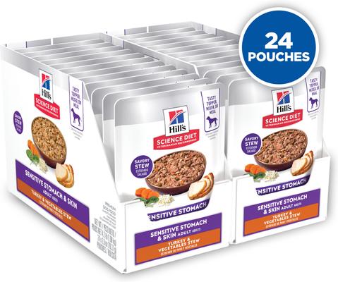 Show full view: Hill's Science Diet Adult Sensitive Stomach & Sensitive Skin Turkey & Vegetables Stew Wet Dog Food, 2.8-oz pouch, case of 24 slide 3 of 12