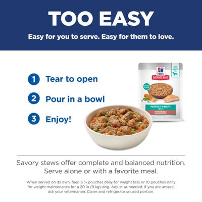 Show full view: Hill's Science Diet Adult Perfect Weight Management Vegetables & Salmon Stew Wet Dog Food, 2.8-oz pouch, case of 24 slide 7 of 12